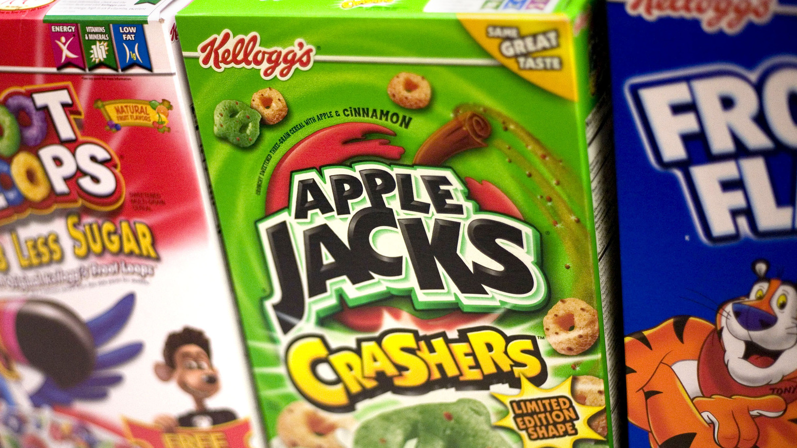 Kellogg's Fruit Loops and Apple Jacks cereals are displayed